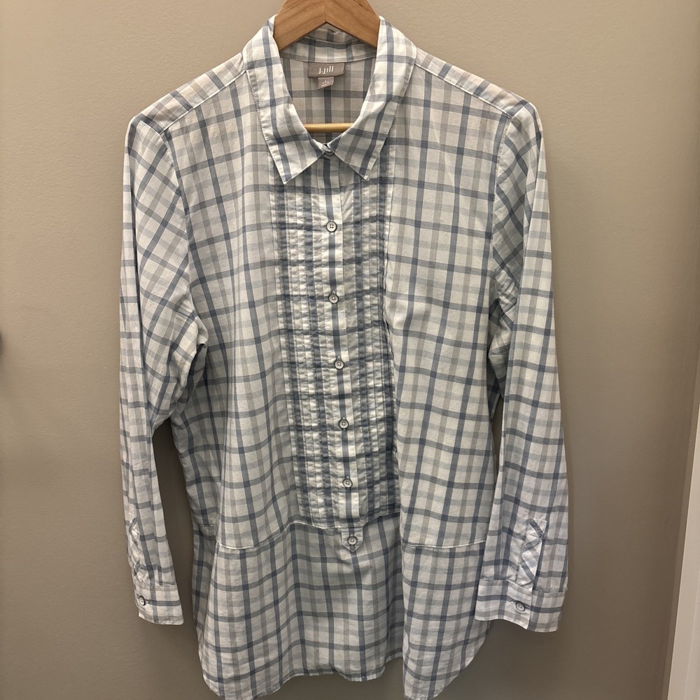 JJill Shirt Women Large Petite Blue Plaid Button Down Tunic Long Sleeve Blouse